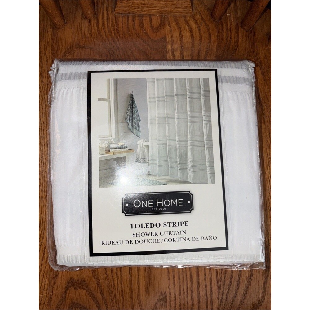 One Home Toledo Stripe Bathroom Shower Curtain 70”x72” White Gray Teal New